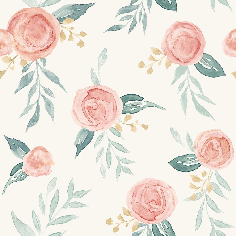 coral-pink watercolor rose pattern on white wallpaper