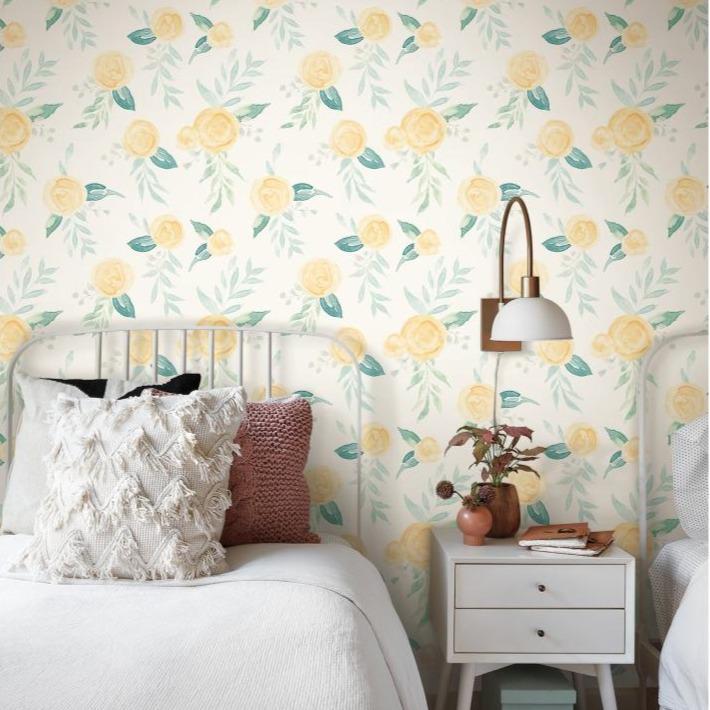 yellow watercolor rose pattern on white wallpaper $120.00