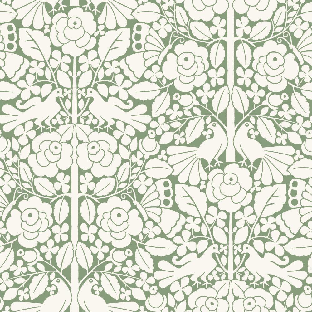 green and white floral and bird pattern wallpaper
