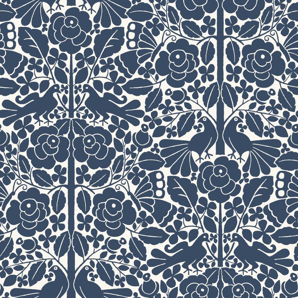 navy and white floral and bird pattern wallpaper $130.00
