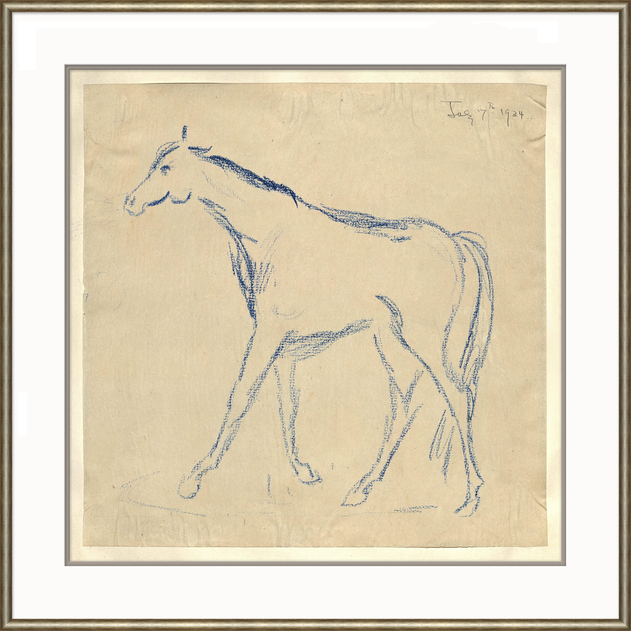 blue sketch of horse in a frame with a white mat