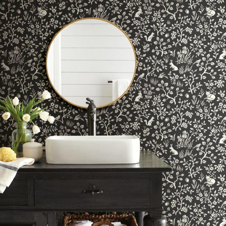 black and white woodland sketch patterned wallpaper  $120.00