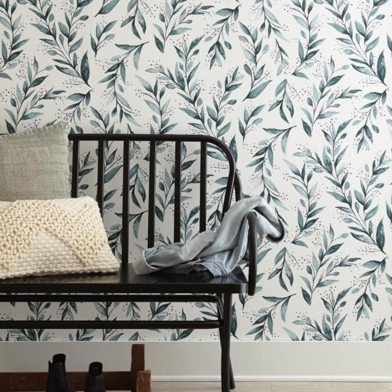 teal olive branch pattern on white wallpaper $110.00