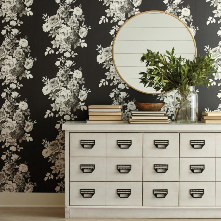 white rose pattern on black wallpaper $110.00