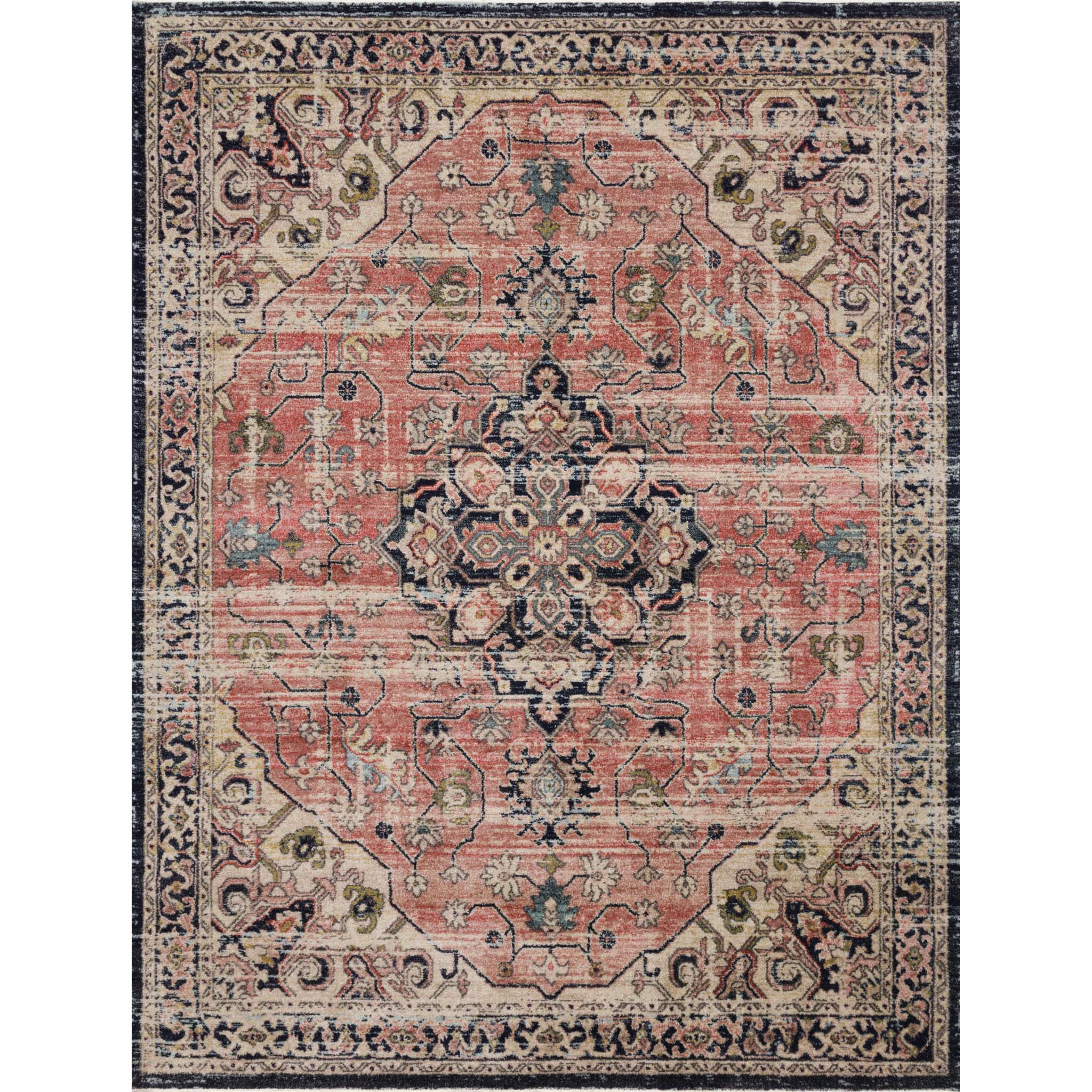 distressed orange and navy rug with traditional detail