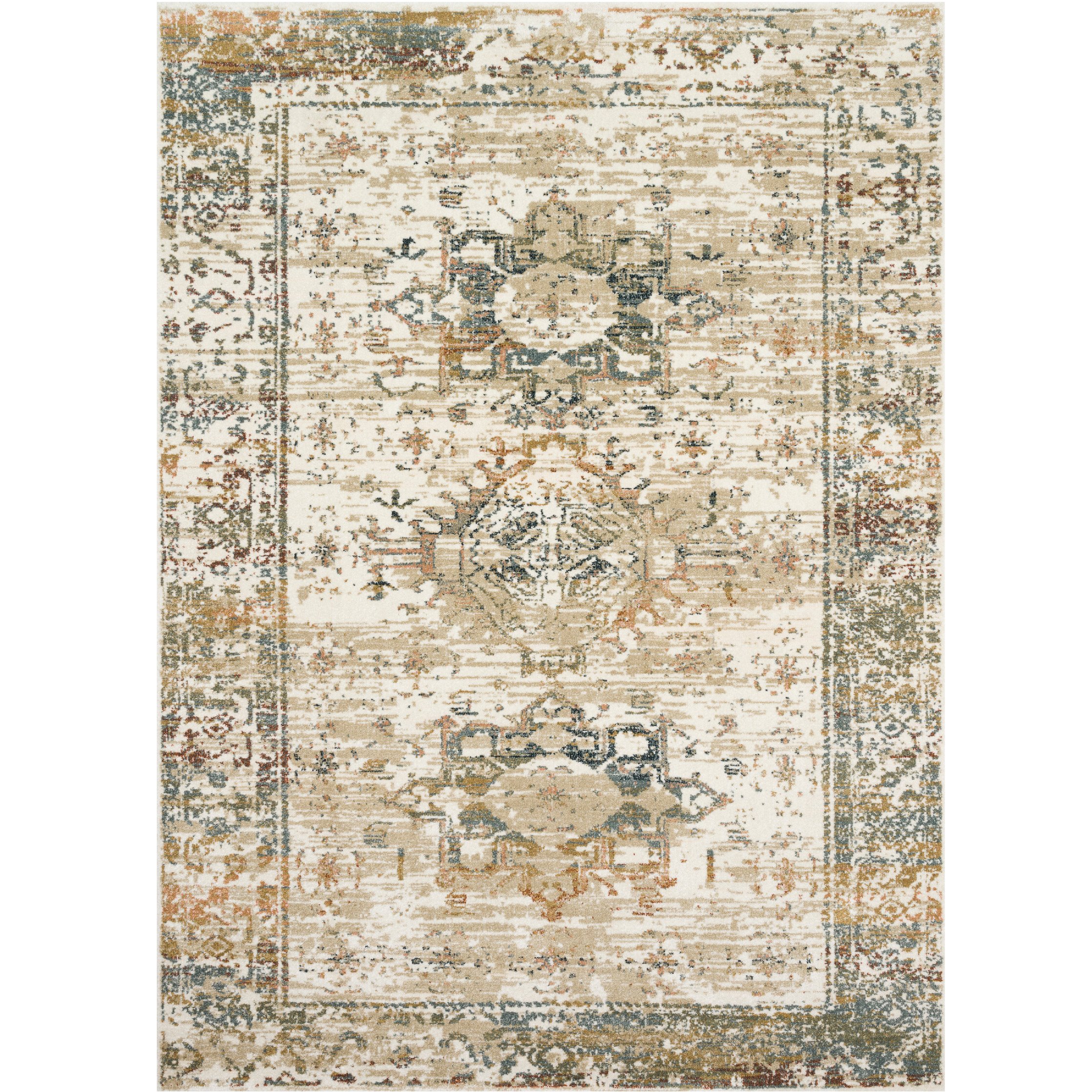distressed ivory rug with green, blue, and mustard details