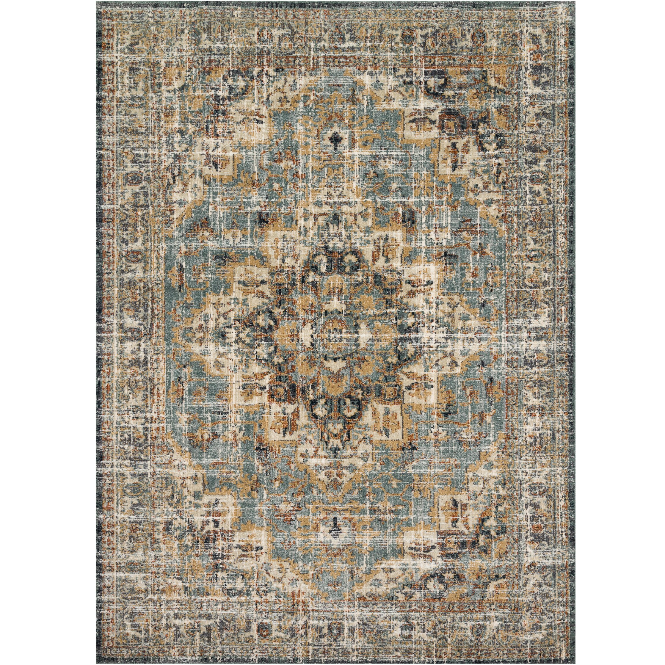 dark grey and blue traditional rug with distressed floral detail in gold and brown Items range from $99.00 to $1919.00