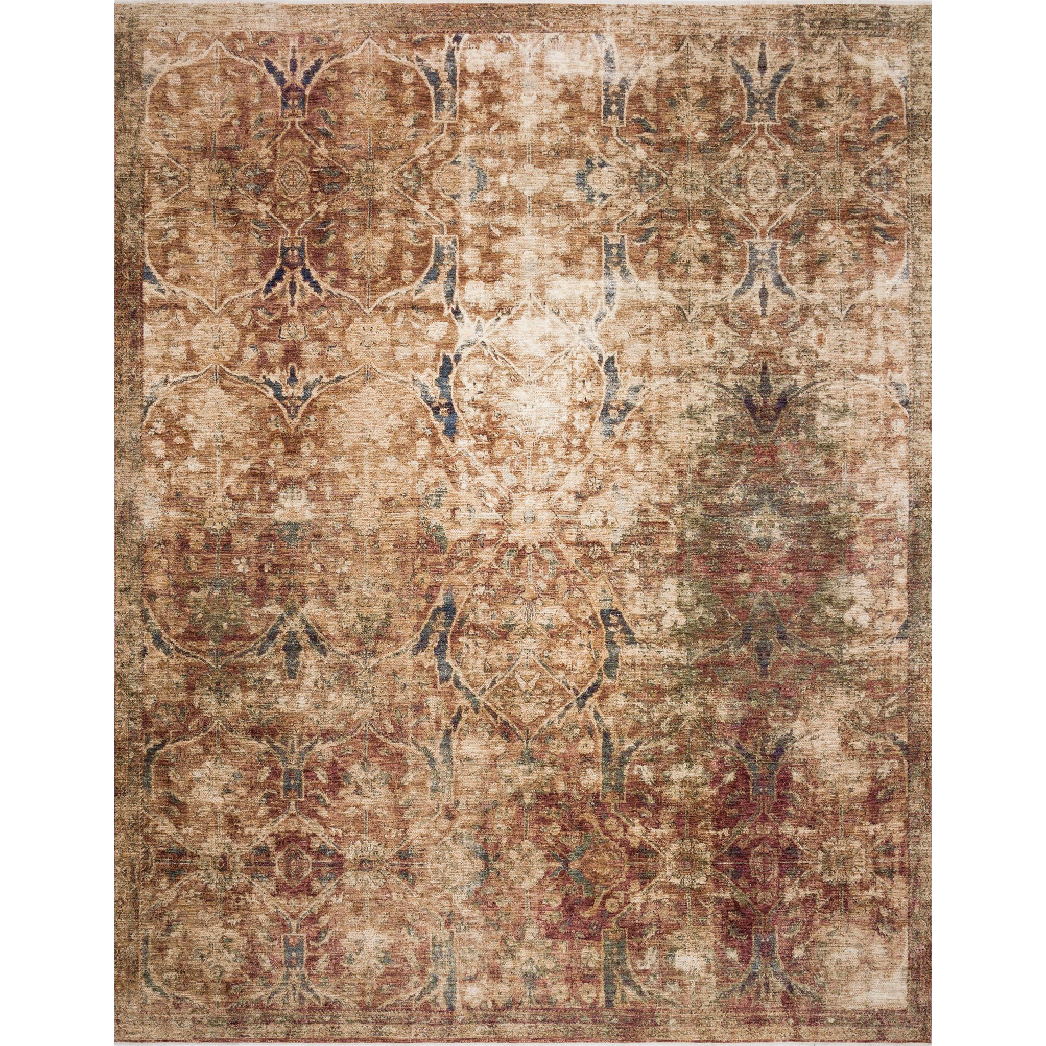 red distressed rug with ornate tan detail Items range from $99.00 to $819.00