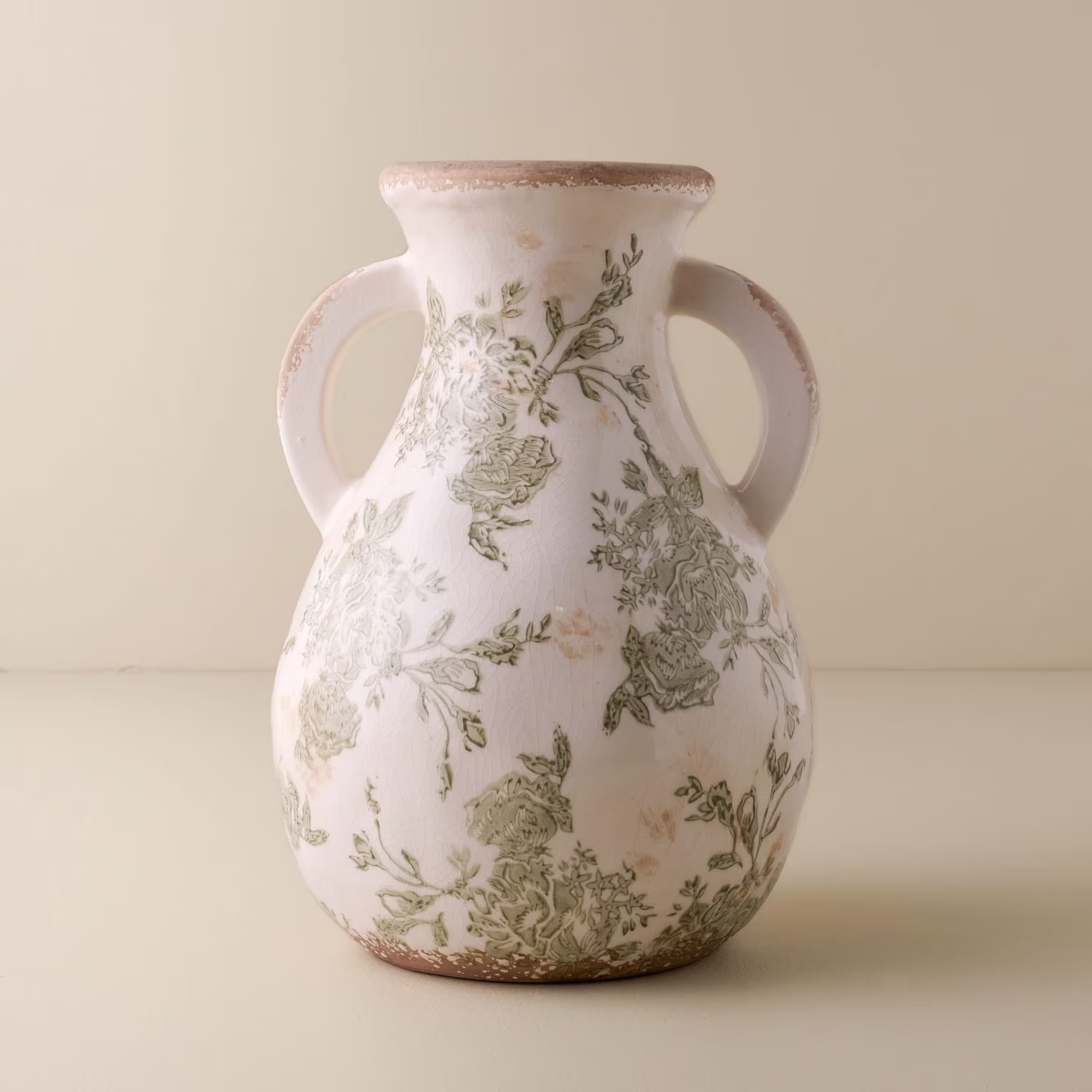 Green and White Distressed Vase with Handle