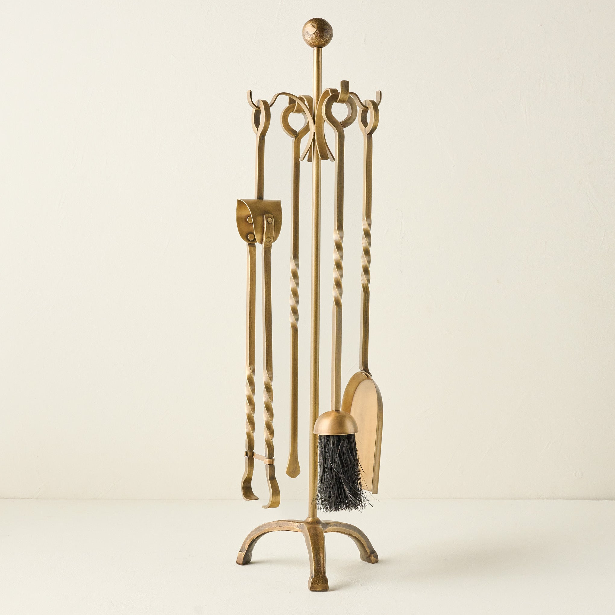 Twisted Antique Brass Fireplace Tool Set