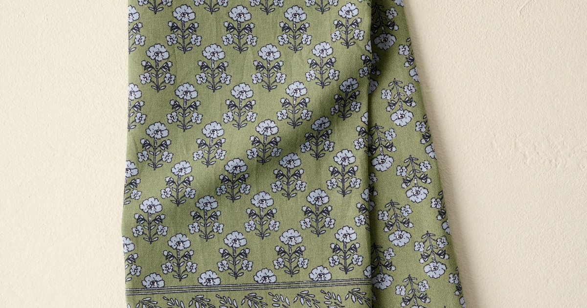 Magnolia Green Block Print Tea Towel