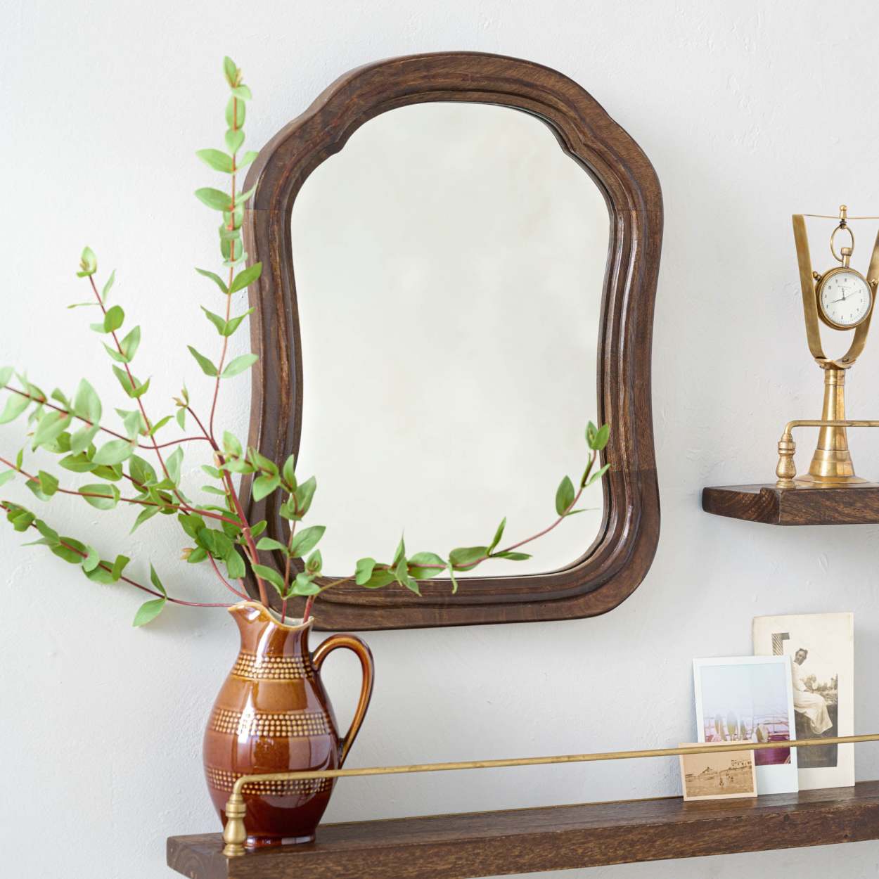 Accent plus round wooden store mirror with shelf