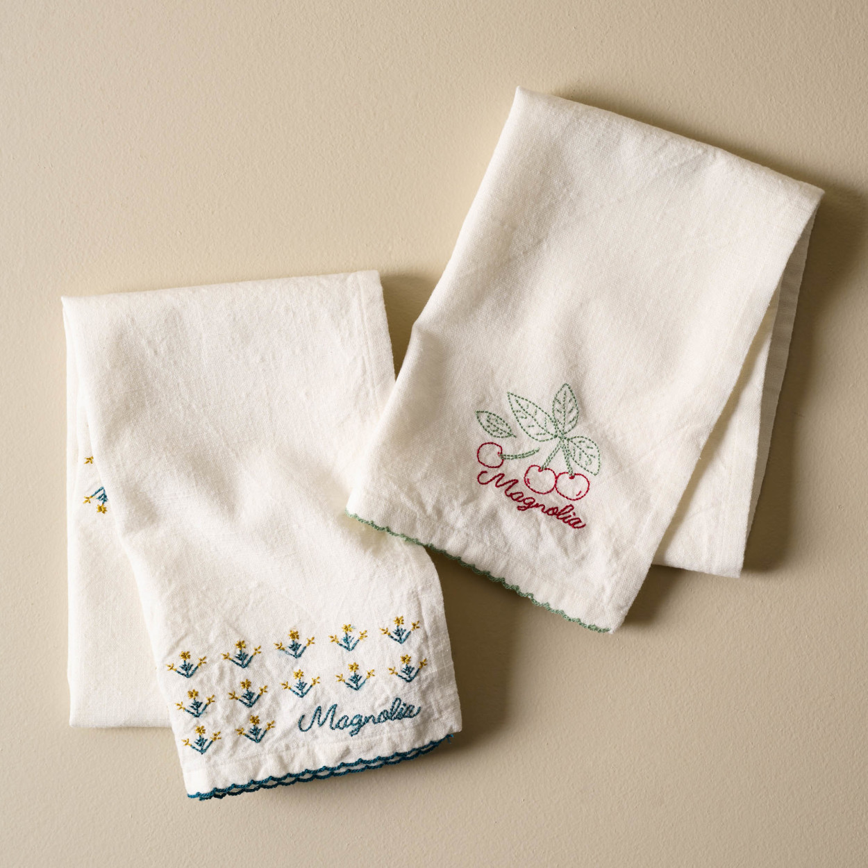Magnolia Floral Embroidered Tea Towel Magnolia