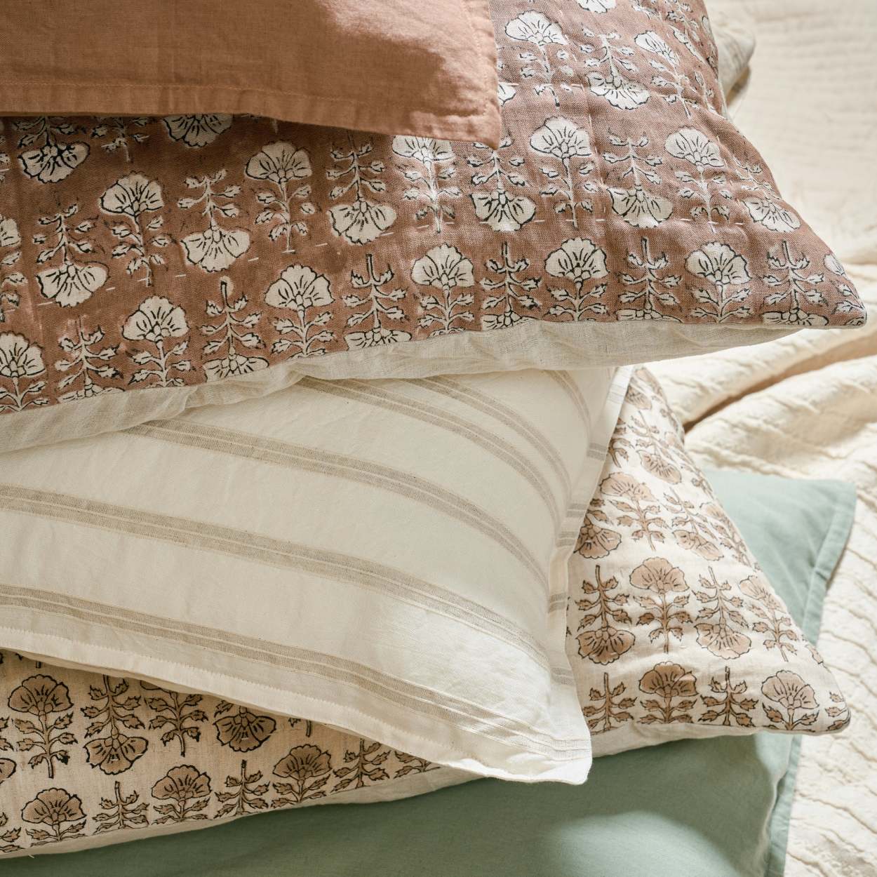 Embroidered Oatmeal Stripe Linen Cotton Pillow Sham Magnolia