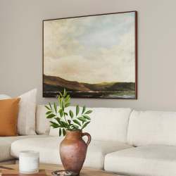 medium grey with tan interior paint named gatherings shown painted on living room wall
