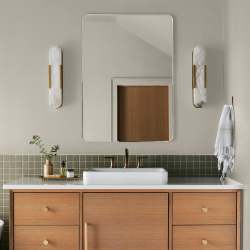 Warm beige interior paint named blanched shown painted on bathroom wall