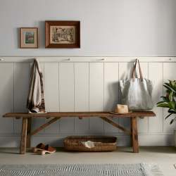 Warm beige interior paint named blanched shown painted on entryway wall