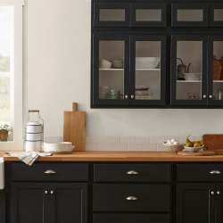 Warm beige interior paint named blanched shown painted on kitchen wall