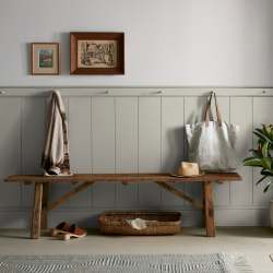 Warm chalky pale green interior paint named flower jar shown painted on entryway wall
