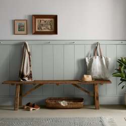 Frosty mint green with beige notes interior paint named early riser shown painted on entryway wall