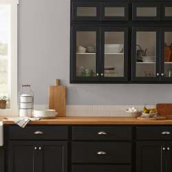 Lavender gray interior paint named vintage collection shown painted on kitchen wall