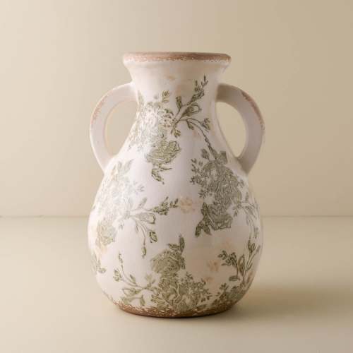 large sized Green and White floral distressed Vase with two handles On sale with items ranging from $38.40 to $64.00, discounted from $48.00 to $80.00