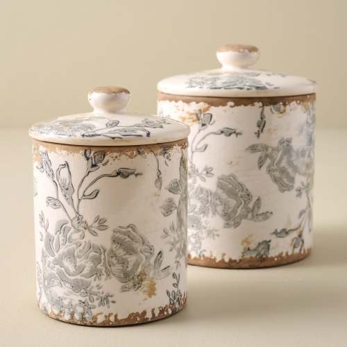 Dusty Blue and White Distressed Canisters On sale with items ranging from $12.80 to $19.20, discounted from $16.00 to $24.00