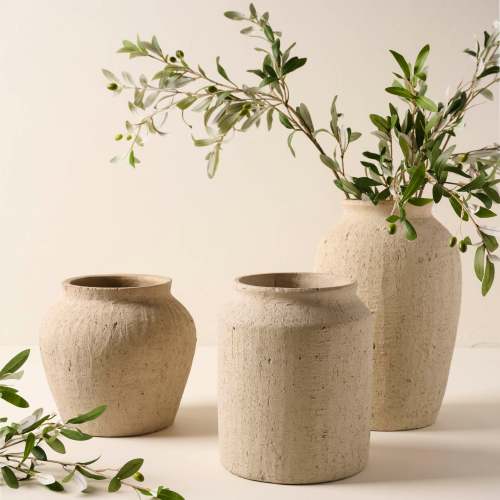 Small Textured Adrienne Vase in all 3 shapes with olive branches Items range from $28.00 to $42.00