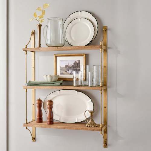 Triple Parker Brass and Wood Shelf shown with product $168.00
