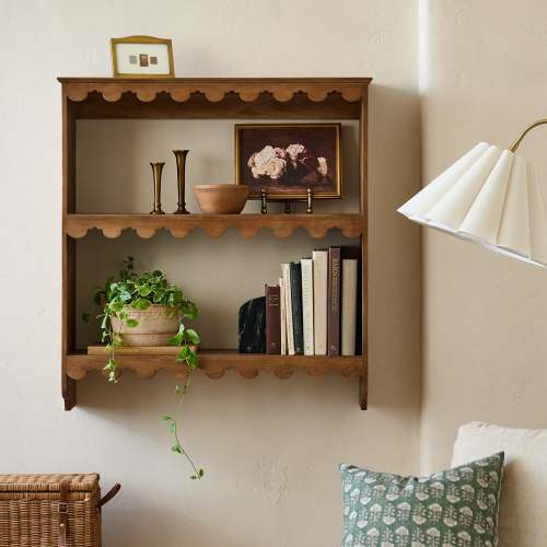 Linnea Antiqued Wood Shelf shown styled On sale for $182.40, discounted from $228.00