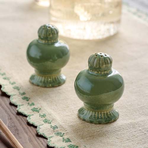 Margaret Vintage-Inspired Salt + Pepper Set shown on tabletop $18.00