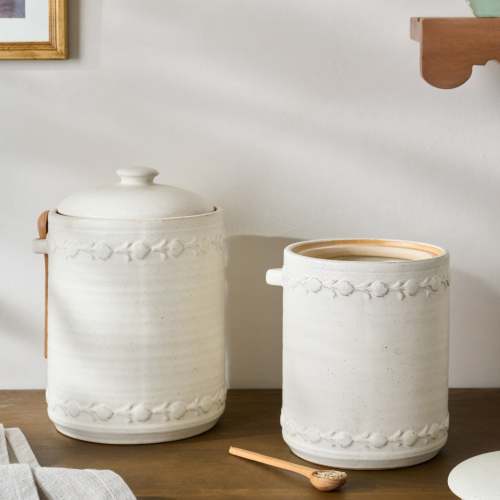 Emilie French White Canister + Scoops shown on counter Items range from $28.00 to $34.00