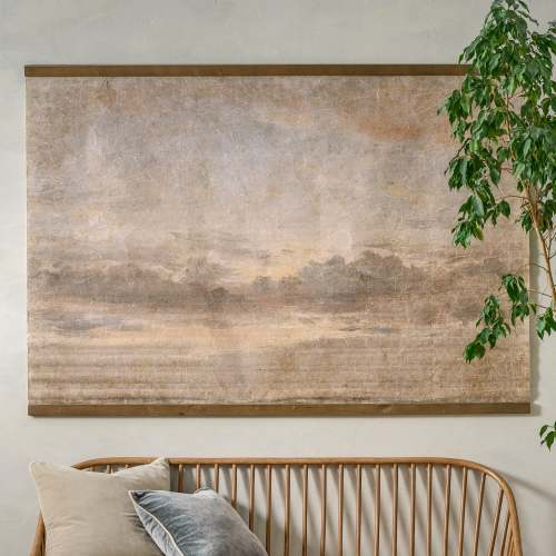 Oversized Celestial Drifts Vintage Tapestry shown hung above bench On sale for $134.40, discounted from $168.00