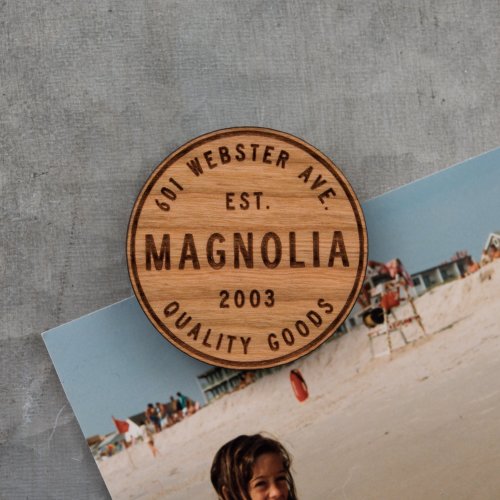 laser engraved wooden magnet with Magnolia circle crest logo $5.00