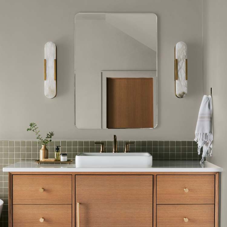 medium grey with tan interior paint named gatherings shown painted on bathroom wall