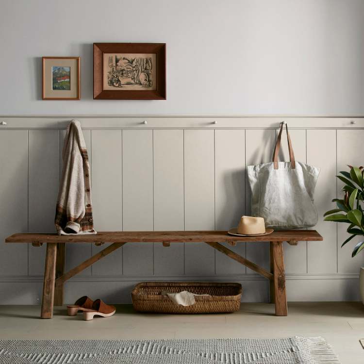 medium grey with tan interior paint named gatherings shown painted on entryway wall