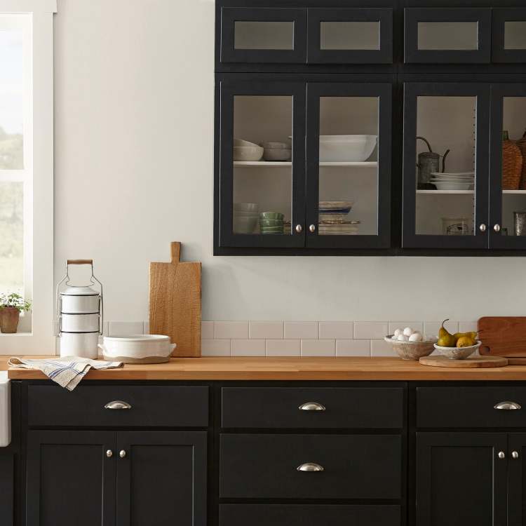 Warm beige interior paint named blanched shown painted on kitchen wall