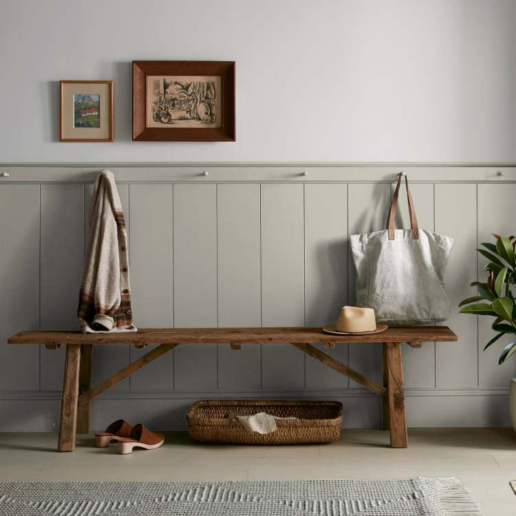 Warm chalky pale green interior paint named flower jar shown painted on entryway wall