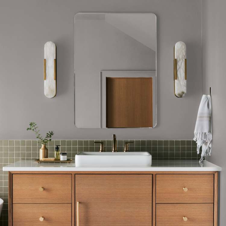 Lavender gray interior paint named vintage collection shown painted on bathroom wall