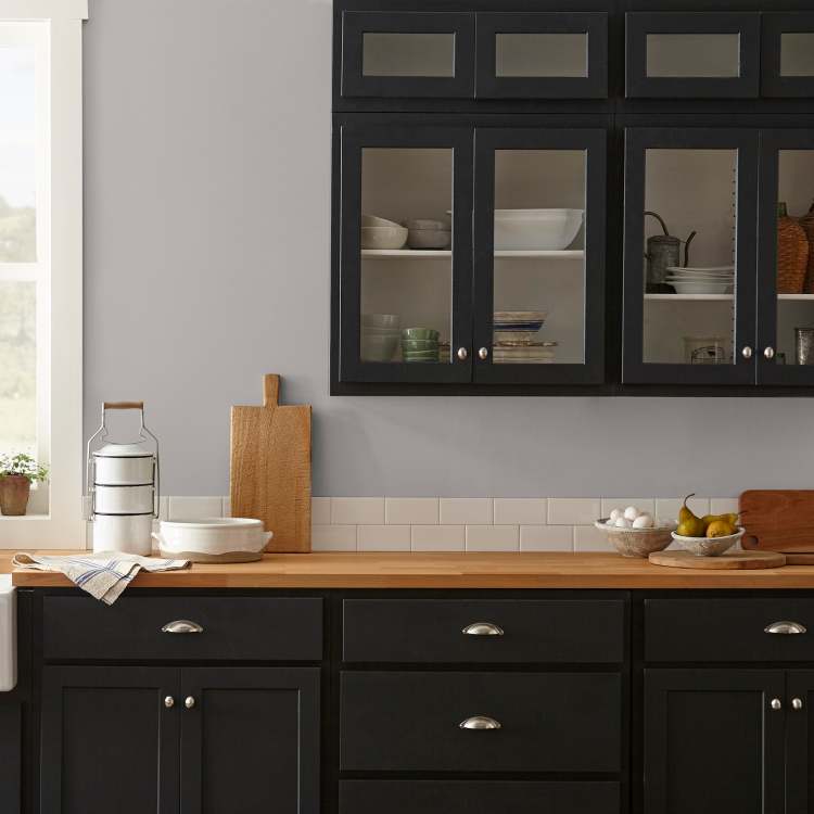 Lavender gray interior paint named vintage collection shown painted on kitchen wall